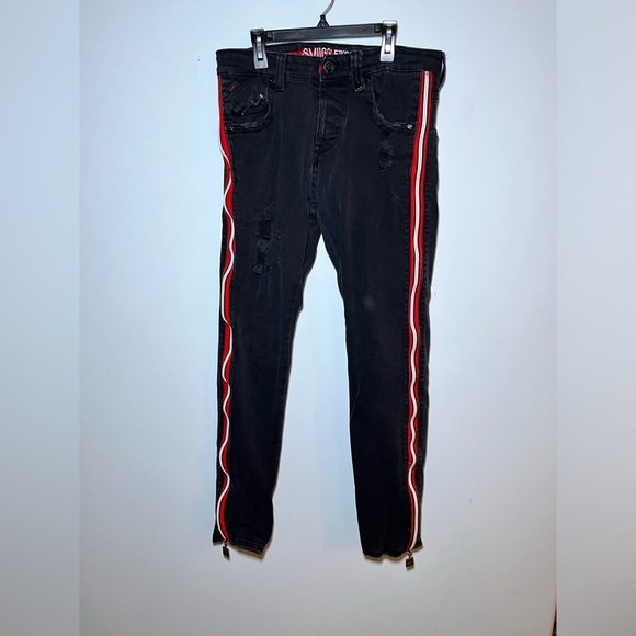 SMUGGLER’S MOON SUPER SKINNY BLACK DISTRESSED JEANS WITH REFLECTIVE TRIM. 34 - Picture 2 of 11